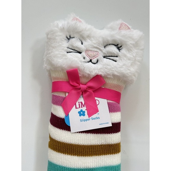 LIMITED TOO Girl Slipper Socks Multicolor White Acrylic Fleece Lined Cat OneSize - Picture 8 of 16